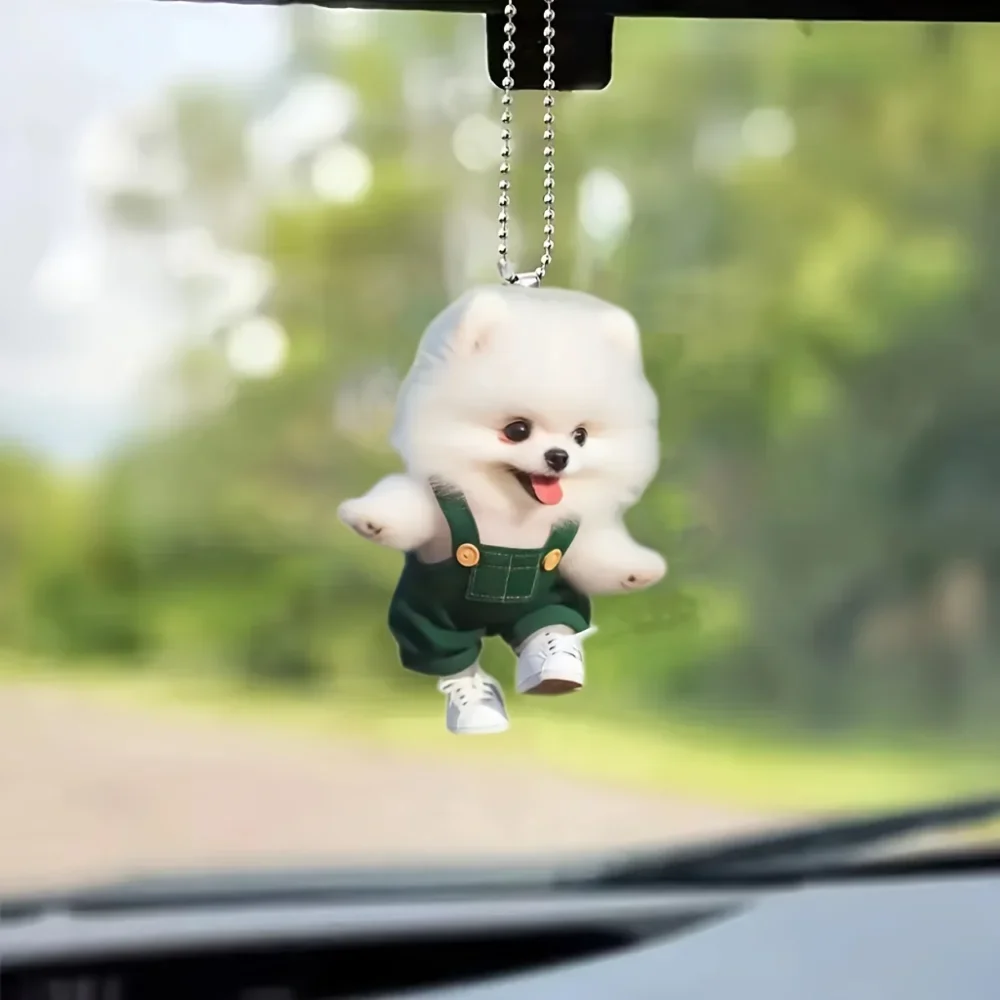 Rompers Dressed Pomeranian Dog Pendant Keychain,Cute Puppy 2D Flat Acrylic Ornament,Hanging Decoration for Car,Bags,Festive,Gift