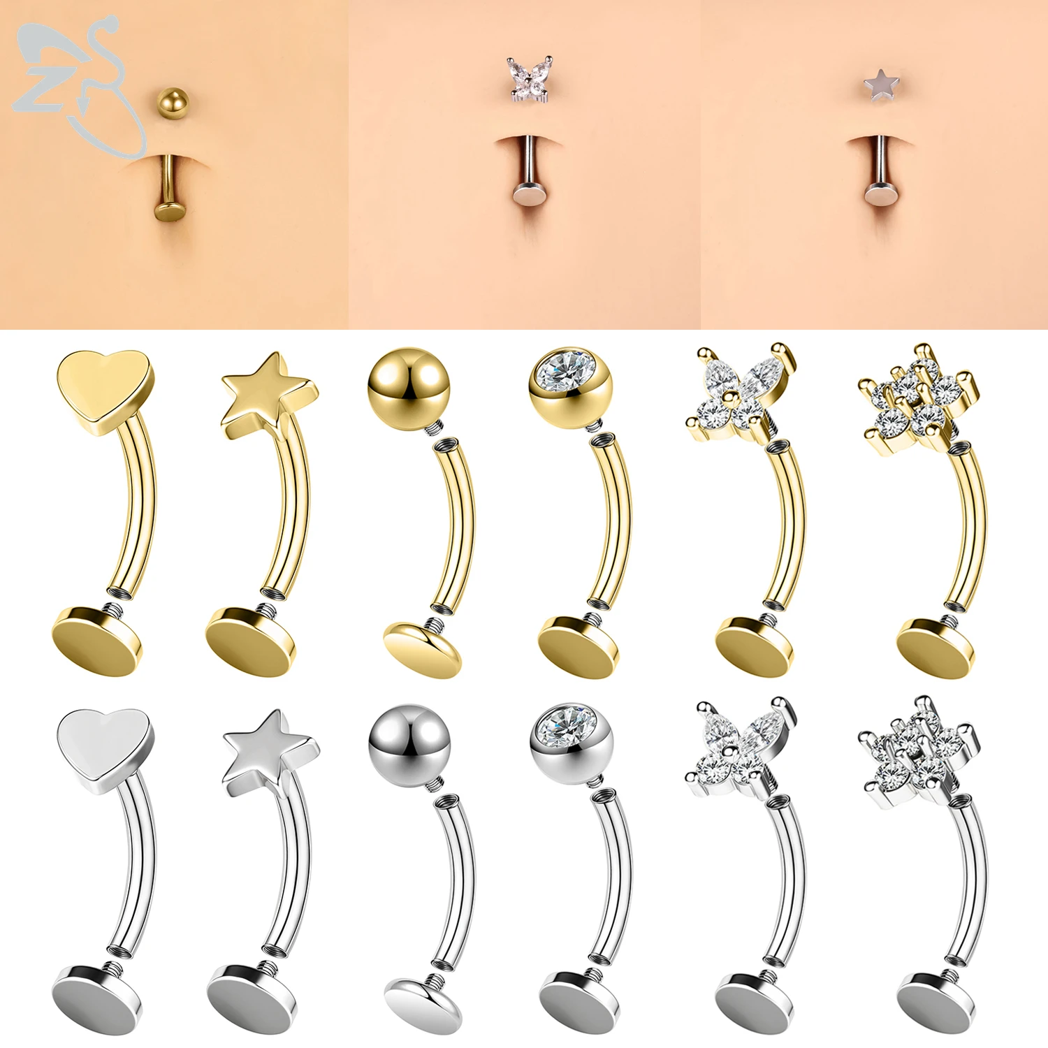 

ZS 1 Piece Internal Thread Stainless Steel Belly Button Ring Floating Navel Piercings 14G Curved Umbilical Ring Jewelry 6MM-14MM