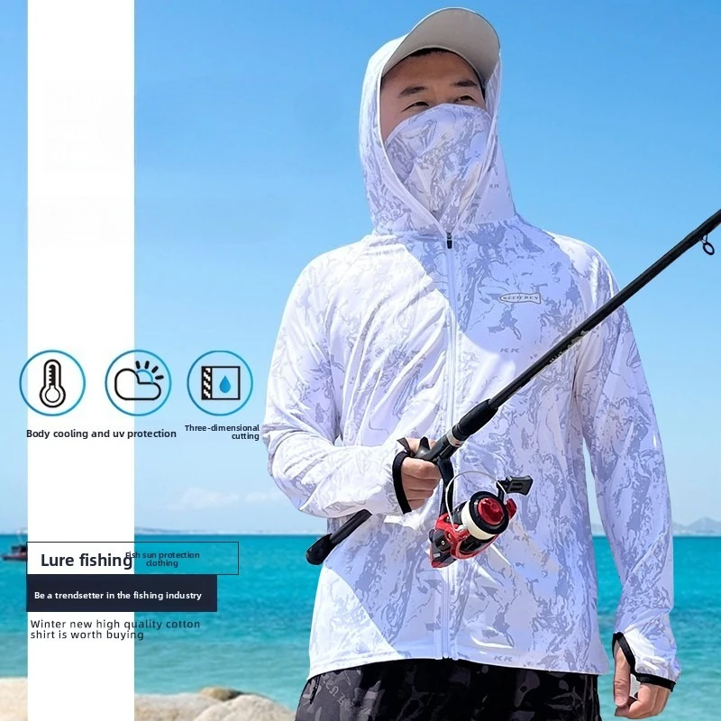 

Sun Protection Fishing Suit Men's Summer Ice Silk Fishing Clothes Set Lure Fishing Shirt with Face Cover and Pants Plus Size