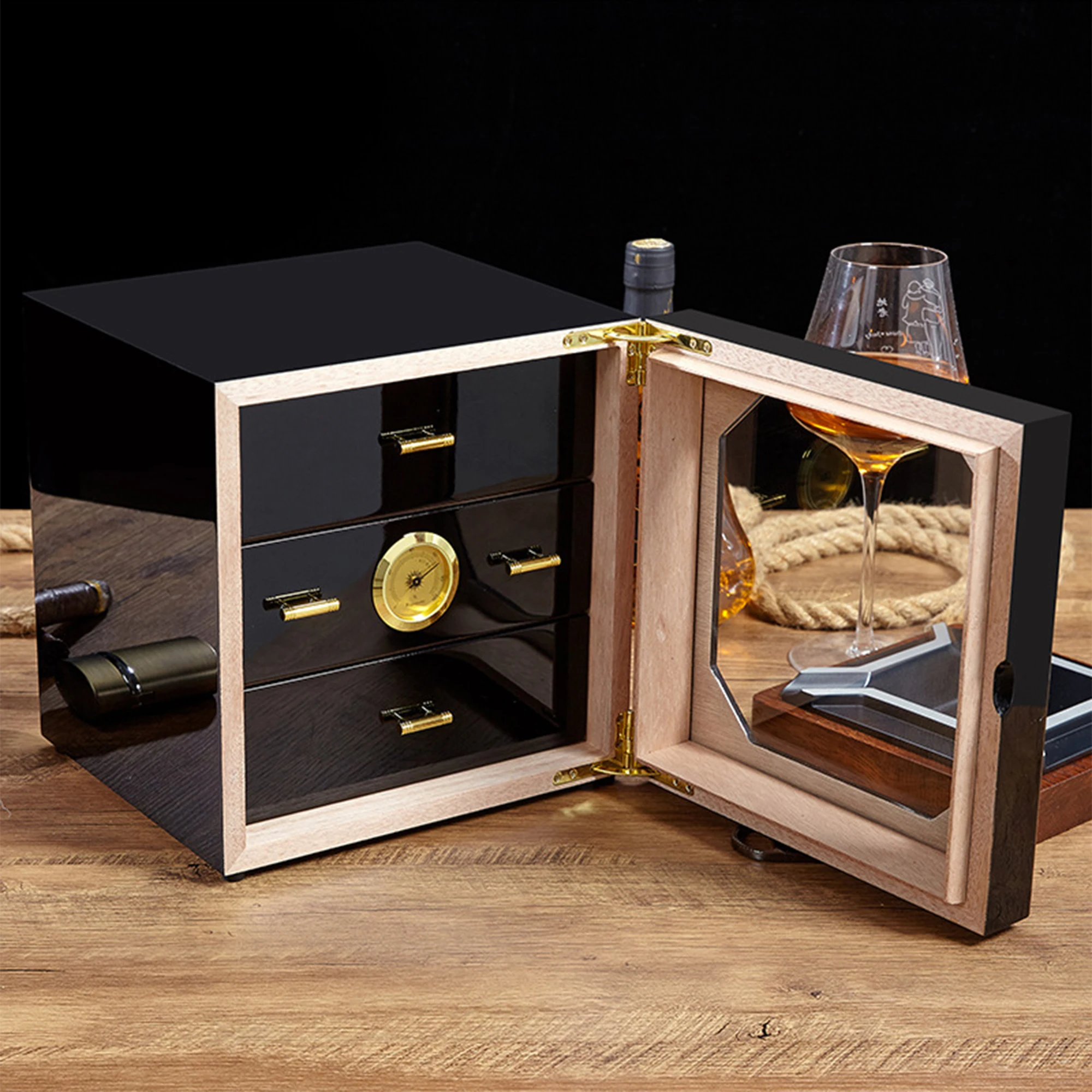 Mvckyi Cigar Cabinet Humidor Box With 3 Drawer Hygrometer Tempered Glass Door Capacity 50-60 Cigar Storage Wooden Box travel