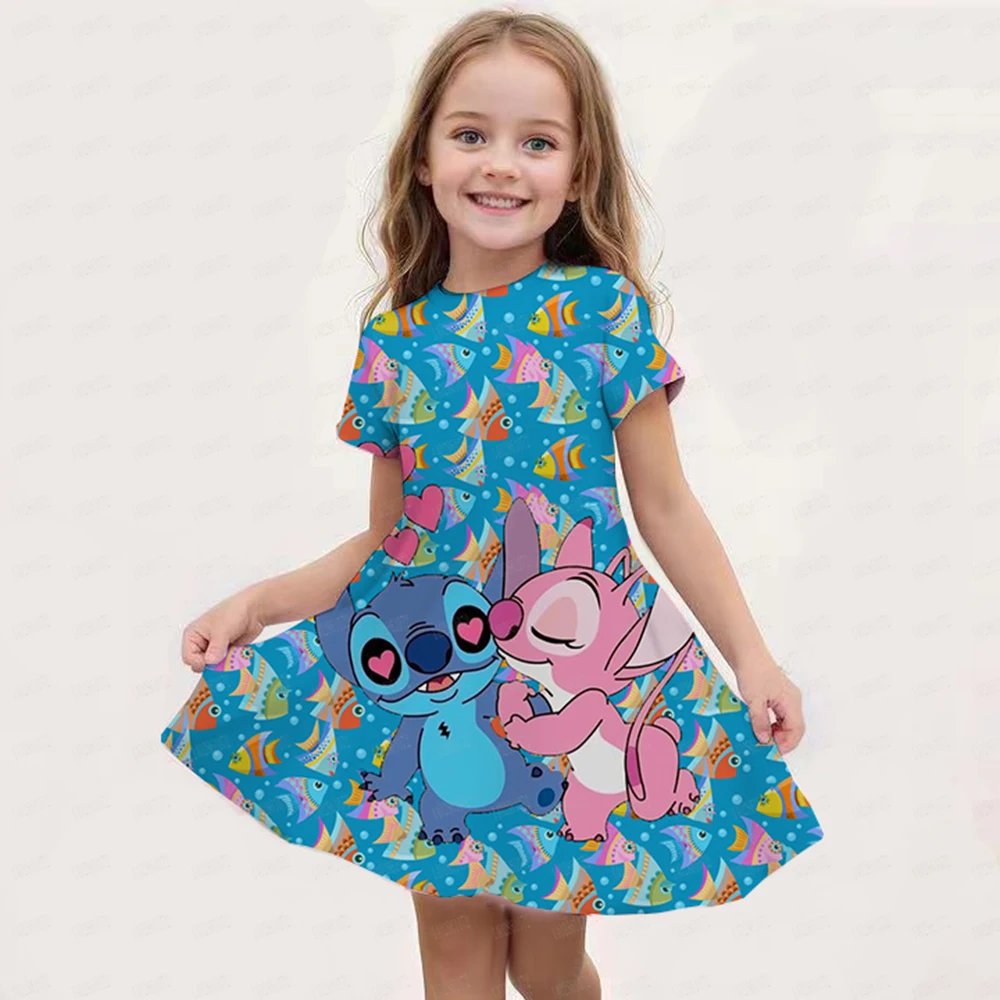 Summer Cute Casual Kids Home wear Clothing Top Tee Children\'s Princess Dresses Girl Birthday Clothing Girls Cartoon Stitch Dress