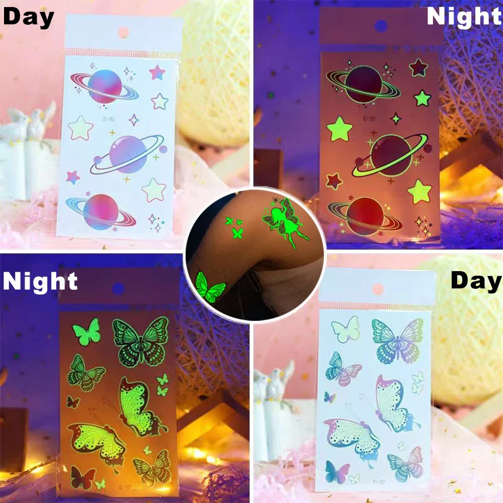 Art Luminous Tattoo Sticker Fashion Temporary Waterproof Butterfly Planet Fake Tattoo Stickers Women Eye Body Makeup Easy To Use