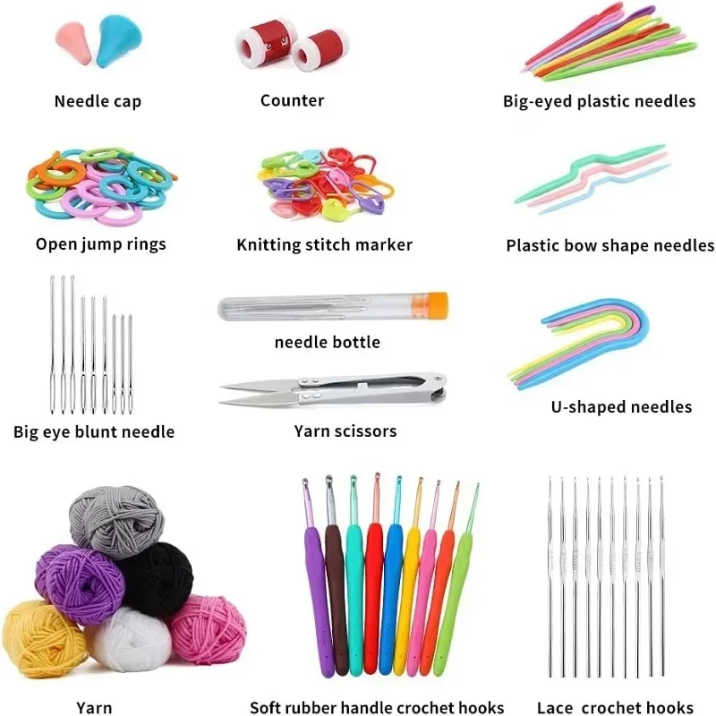 85pcs Crochet Knitting Hooks Kit with Blunt Steel Needles and Cotton Yarn Ball Thread Markers Accessories Knit Tool Set