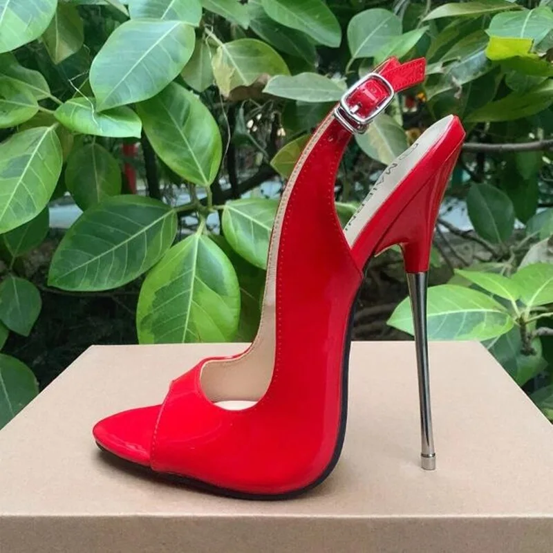

Peep Toe 16CM Sky High Heels Pumps Red Pink Patent Leather Metal Stiletto Heels Buckle Strap Slingback Shoes Big Size 45