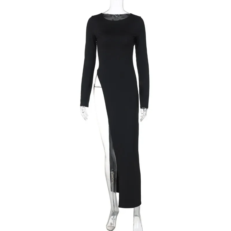Zwarte asymmetrische maxi-jurk voor dames O-hals met lange mouwen Trendy chique top Club Party Hoge zijsplitjurken Herfst 2024