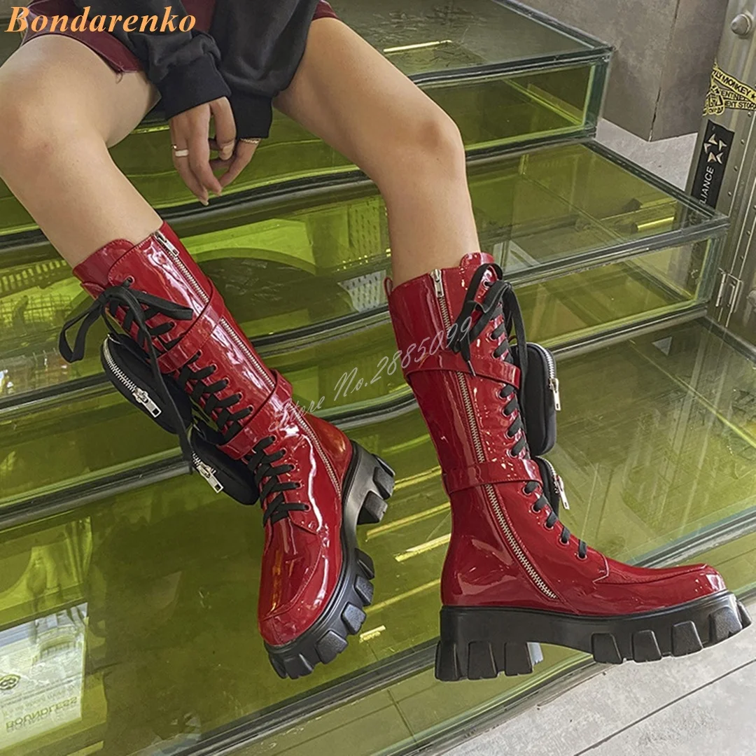 

Thick Sole Pockets Boots Round Toe Shiny Leather Platform Side Zipper Knee High Boots Women Sexy Shoes Lace Up New Style Design