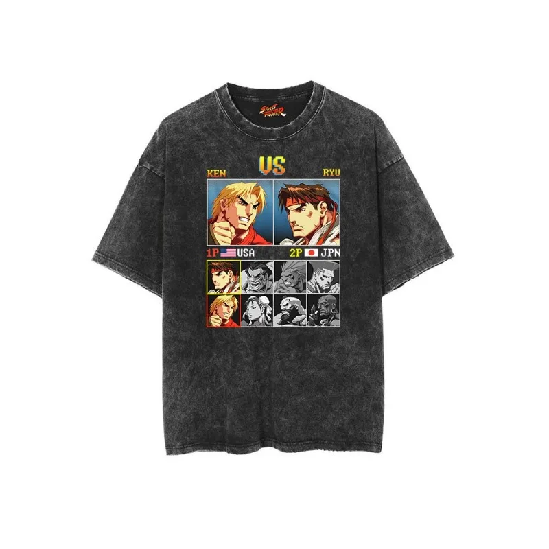 Street Fighter Street Fighter Korean Old Washed Retro Batik Men and Women Loose Short-sleeved Cotton T-shirt