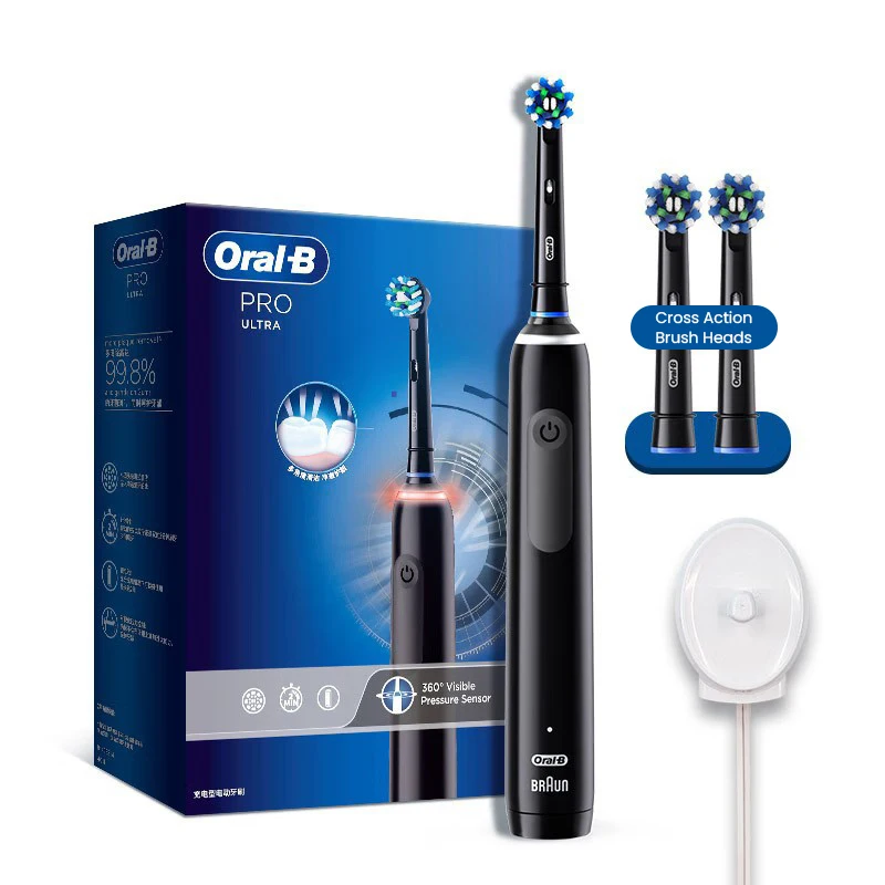 Oral B Adults Electric Toothbrush Pro4 Ultra Rechargeable Toothbrush 3D Sonic Round Heads Rotation Vibration Brush 2 Min Timer