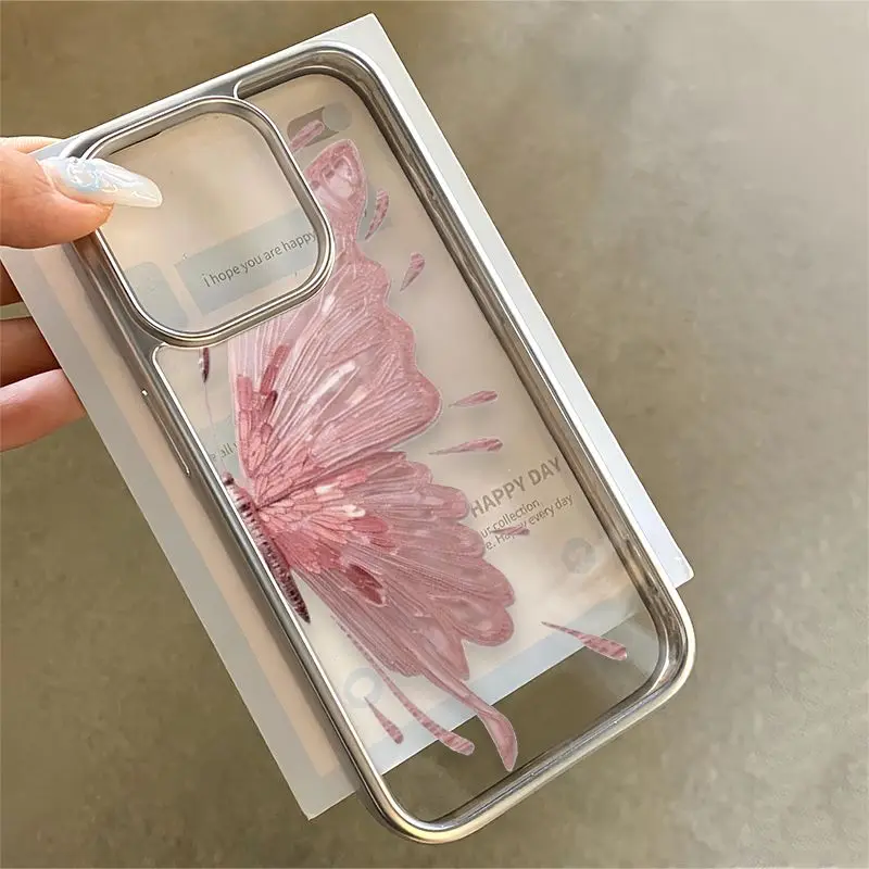 Pink Butterfly Necklace Phone Case for iPhone 16 15 14 13 12 11 Pro Max XS X XR 8 7 Plus SE Y2K Soft Clear Cover
