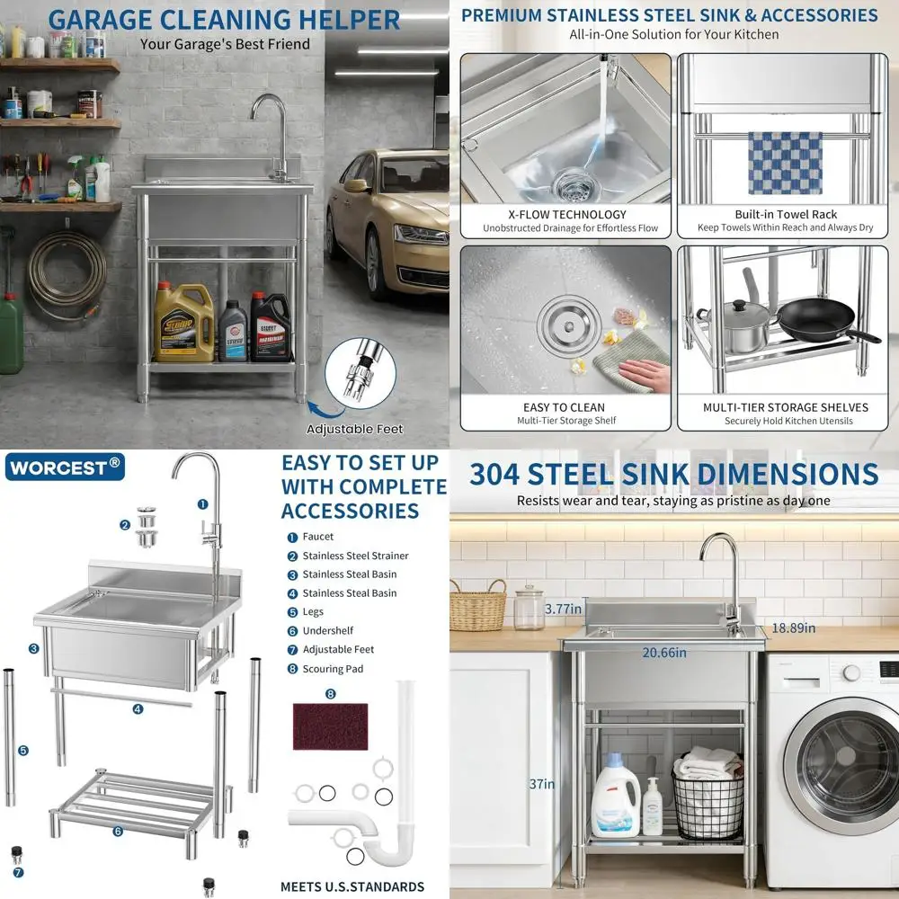 

Универсальная мойка из нержавеющей стали, отдельностоящая, с одной чашей, с подключением к холодной и горячей воде, для мастерских, гаражей, подвалов, уличных кухонь