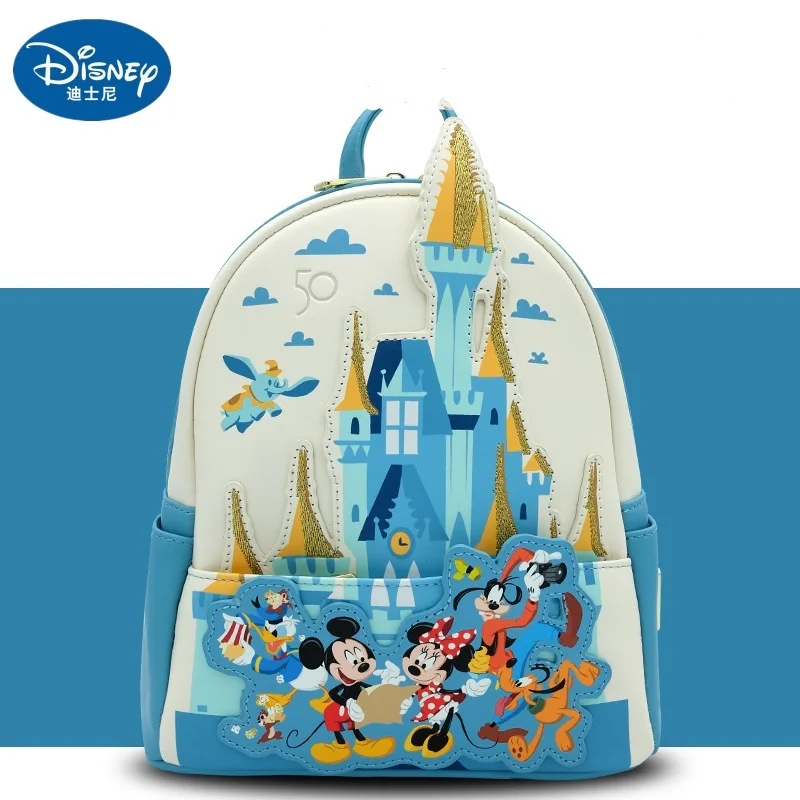 

New Loungefly Disney 50th Anniversary Kawaii Backpack Mini Castle Mickey Friends Rucksack Leather Woman's School Bags Kids Gifts