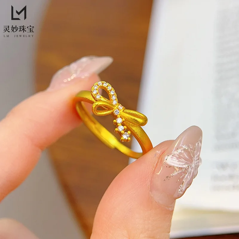 

9999 24K real gold luxury jewelry bow ring hollow simple plain circle open finger ring gift for girlfriend