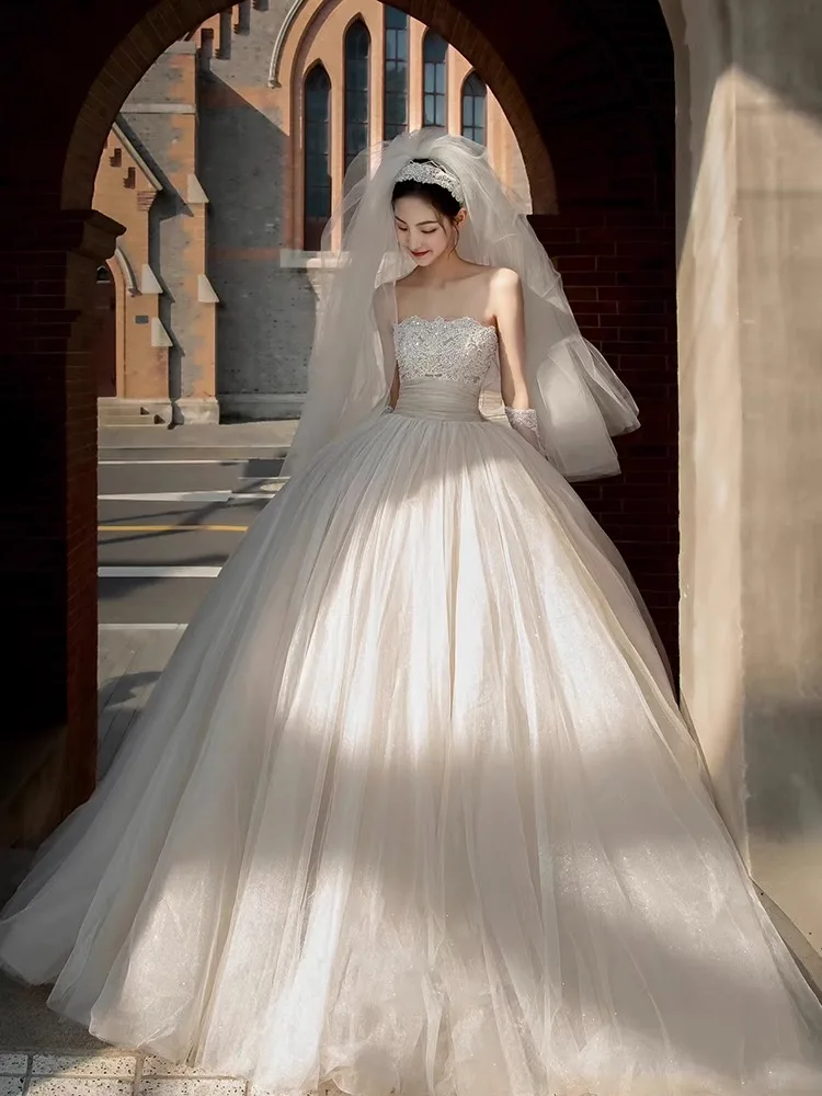 

Off White Wedding Dress Beaded Luxury Sparkly Tulle Appliques Lace Floral A-Line Beading Princess Church Fairy Bridal Ball Gowns