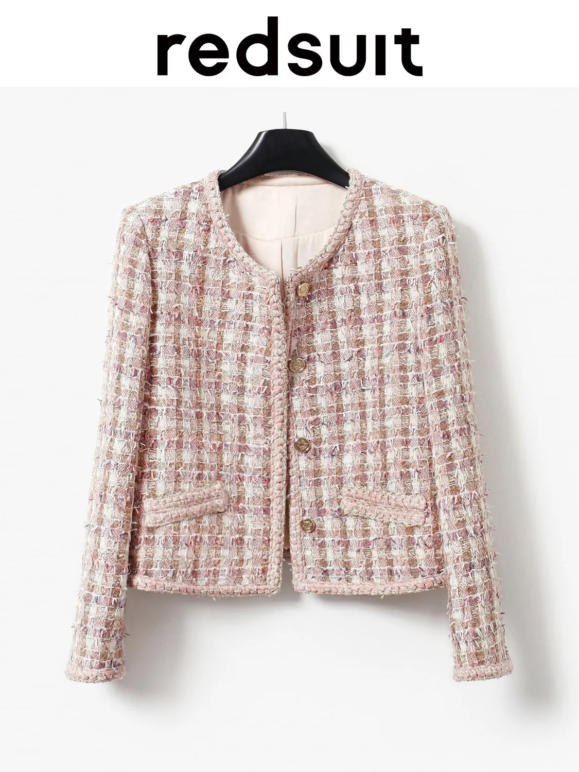 New Classic plaid three-dimensional floral yarn woven age reducing pink jacket short top Custom Size