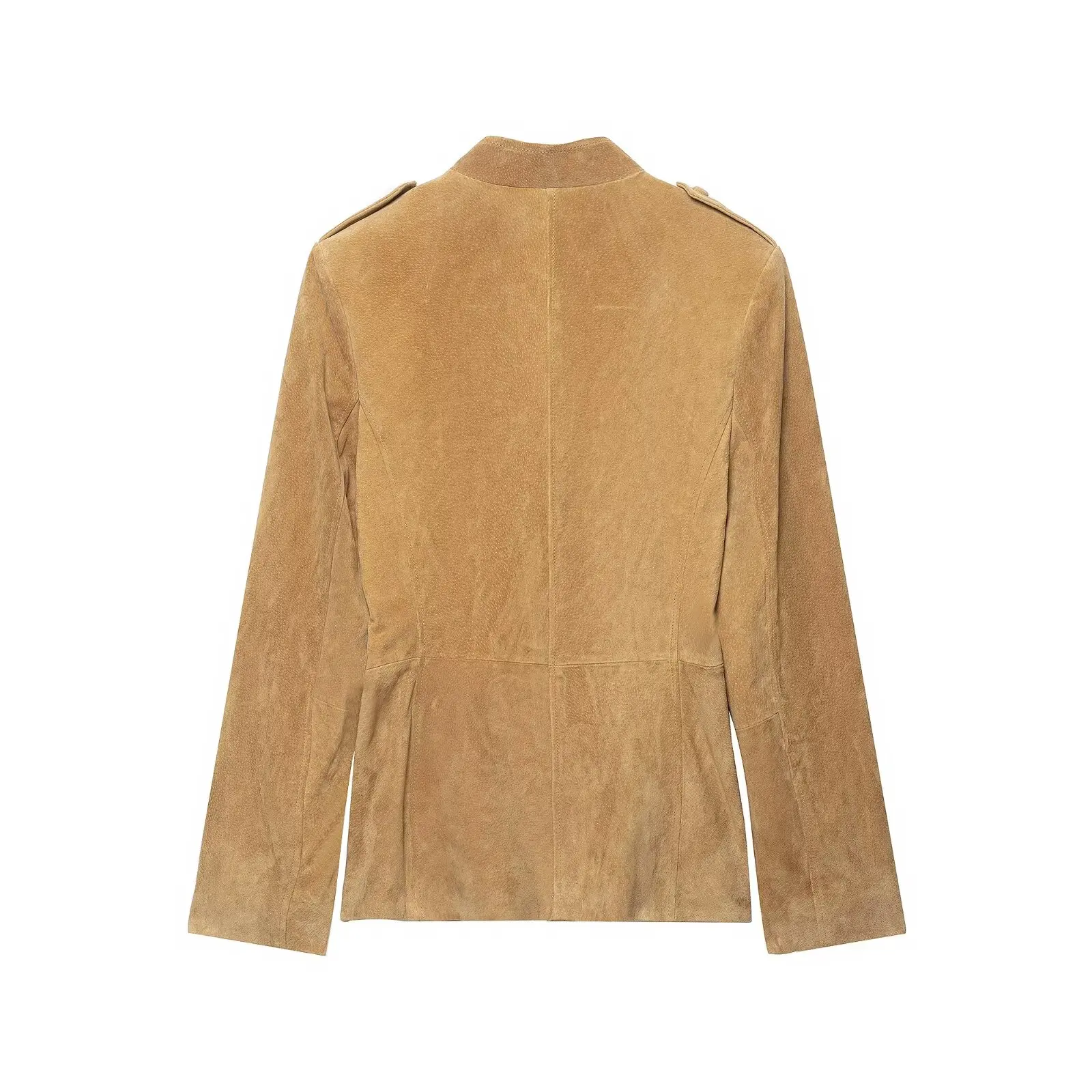 BSAY 2026 Damen Minimalistische Stehkragen-Jacke mit Schulterklappen-Dekoration, Taschen, Knopfverschluss vorne, Langarm, Herbst-Oberbekleidung – Detail 3