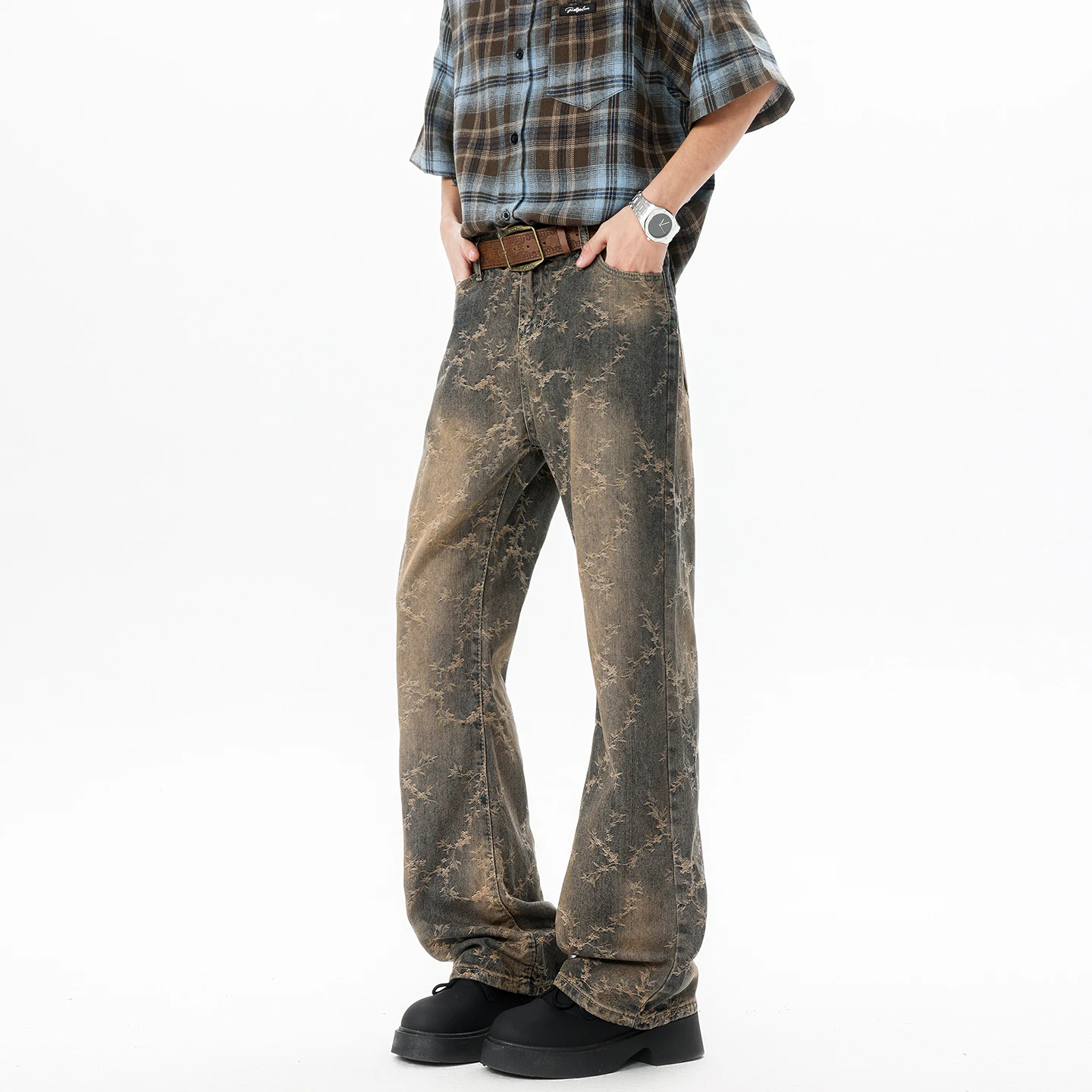 

Men's Trendy Jeans Fashionable Extra Long Option Thorn Jacquard Flared Casual Pants Streetwear Commute Wear for Urban Lifestyle