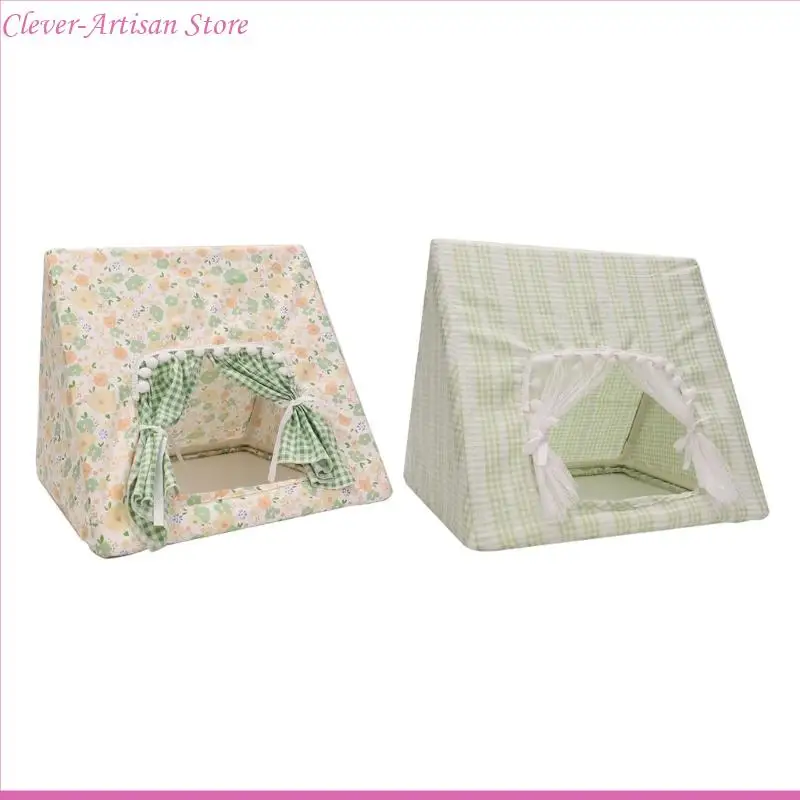 

E06B Flower Print Guinea Pigs Tent House with Curtain Washable Small Hideouts for Hamster Hedgehogs