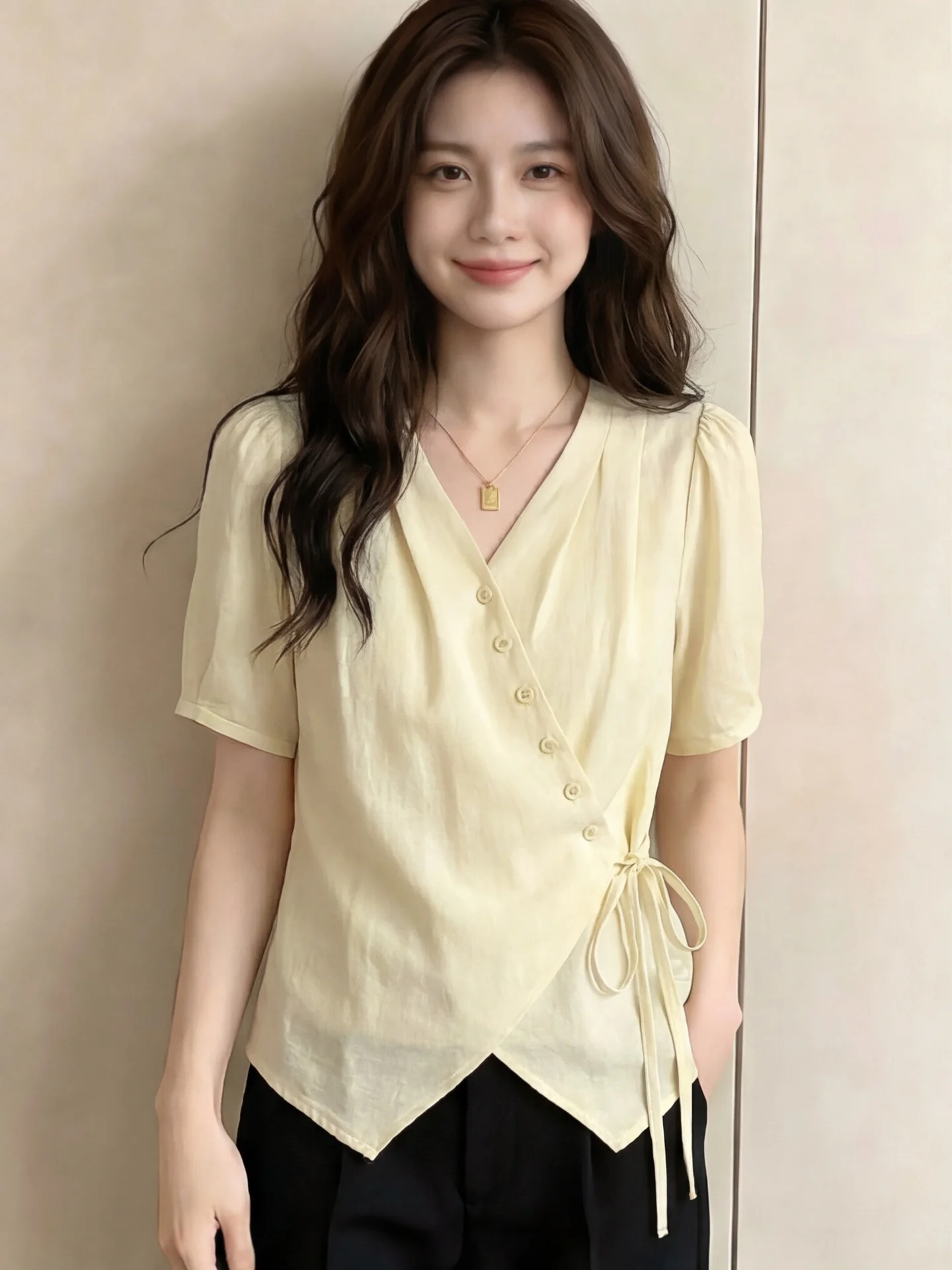 

Elegant Yellow Asymmetrical Belted Shirt Women's Summer Commute Casual V-neck Short Sleeve Waist-cinching Top
