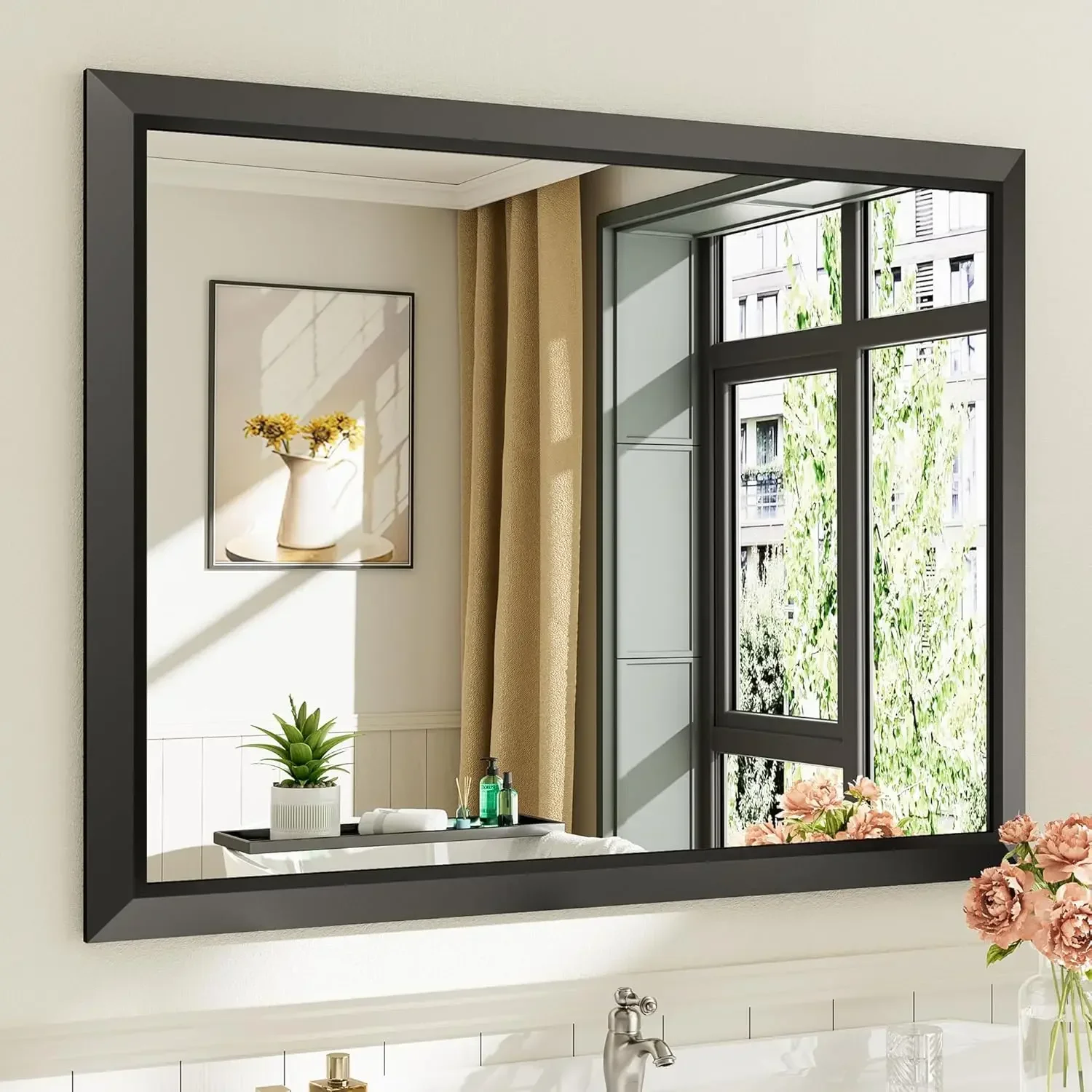 

40x30 Inch Black Bathroom Mirror for Wall, Thick Metal Framed Rectangle Mirrors for Over Sink, Bedroom, Living Room, Entryway, A