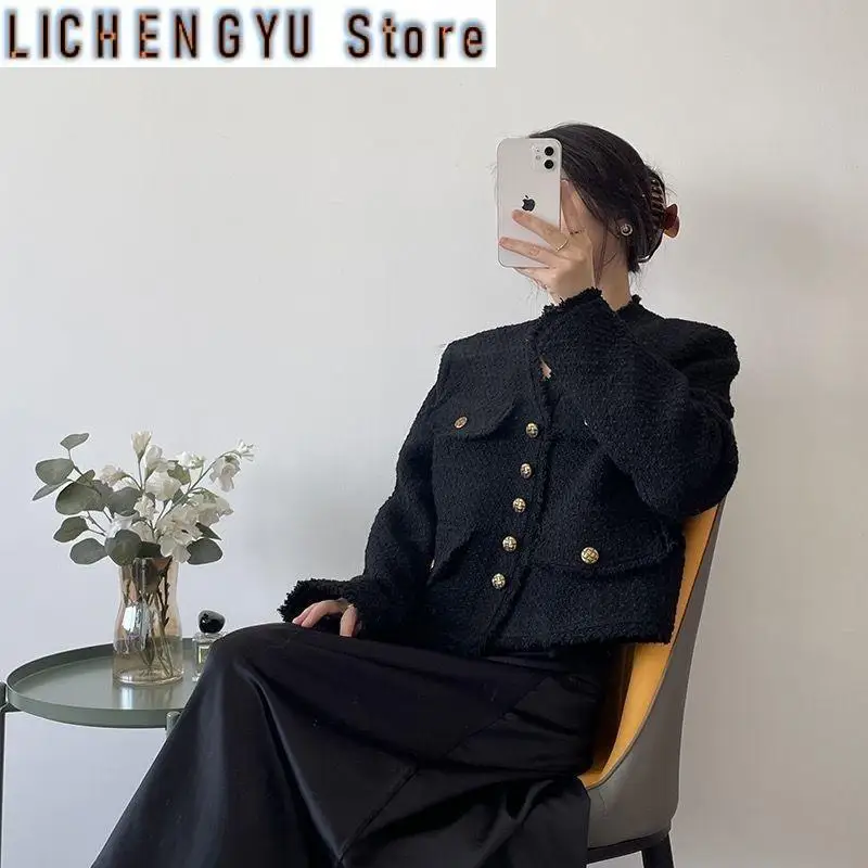 New Korean Fashion Cropped Tweed Jacket Women Autumn Winter Black Long Sleeved Tassel Coats Elegant All Match Outerwear