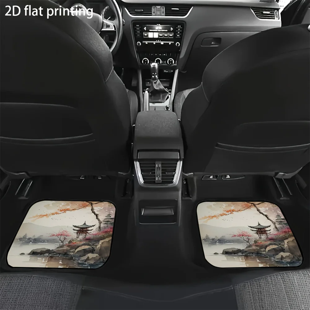 4pcs Car Floor Mats, Exquisite Cherry Blossom And Ancient Tower Ink Painting Design, Universal Fit For Front & Rear Seat Vehicle