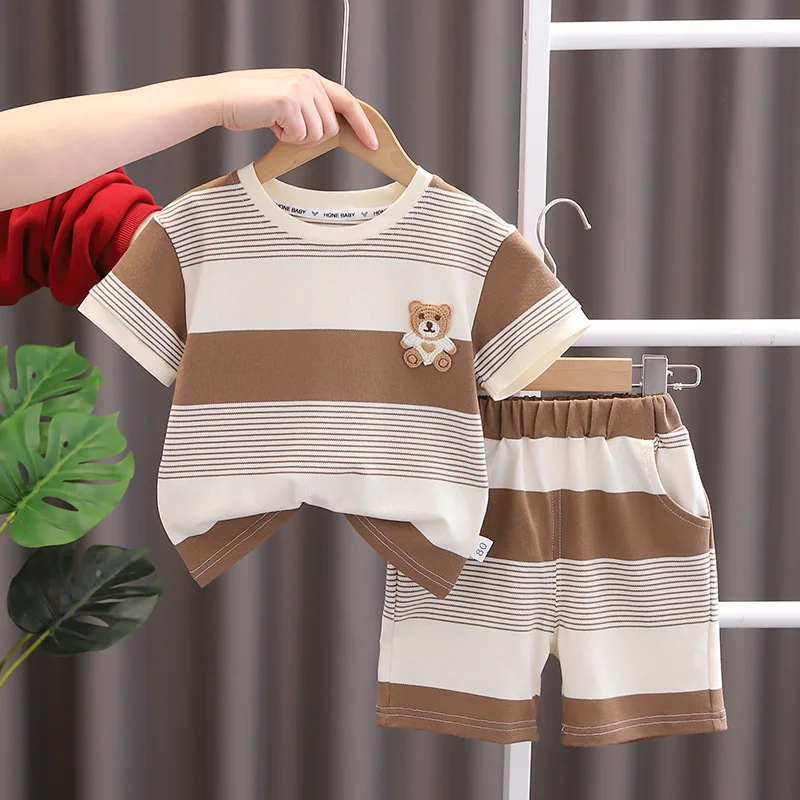 Fashion Summer Kids Baby Boys Striped Suits Cartoon Bear T-Shirt+Shorts Casual Clothes Outfit Girls Clothing 2PCS/Set