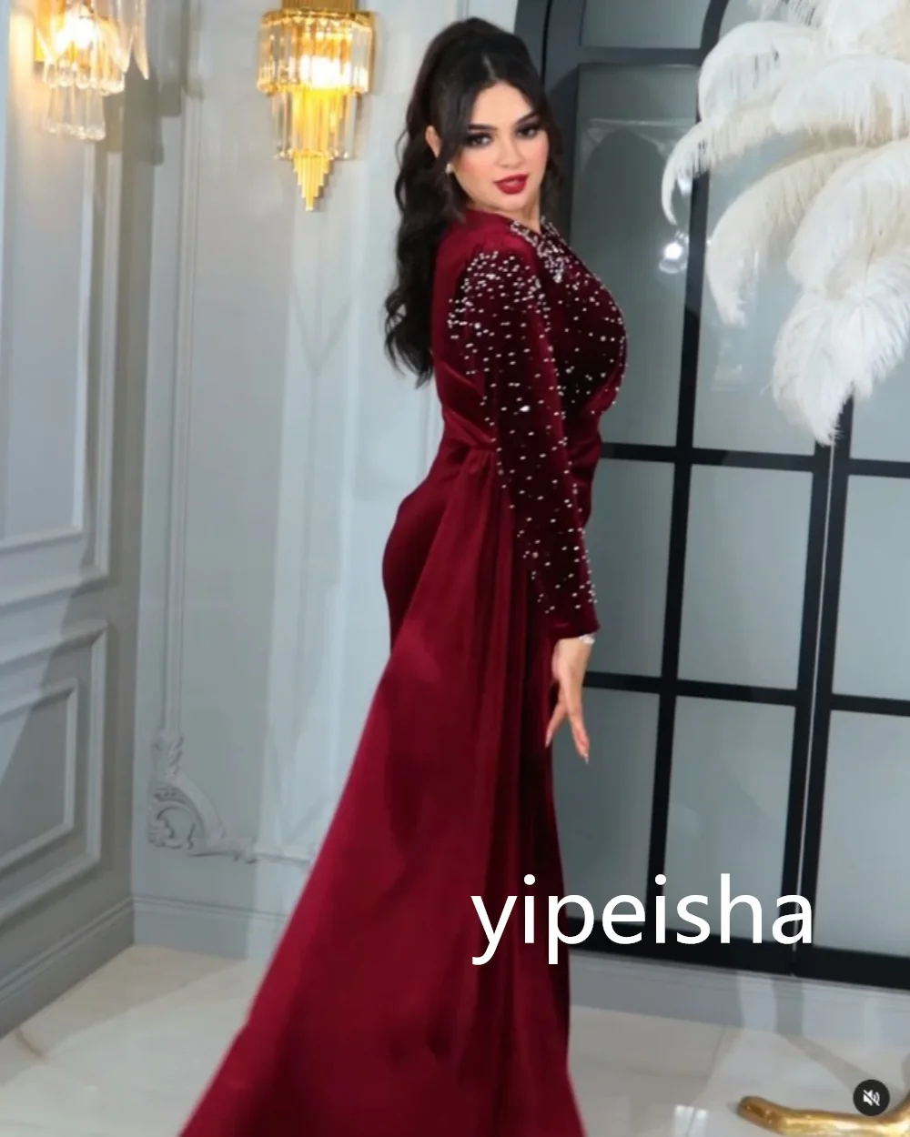 Customized V-neck Velvet Side Split Bespoke Occasion Dresses Sequined Long Sleeve Prom Gowns Floor-Length Party Dresses