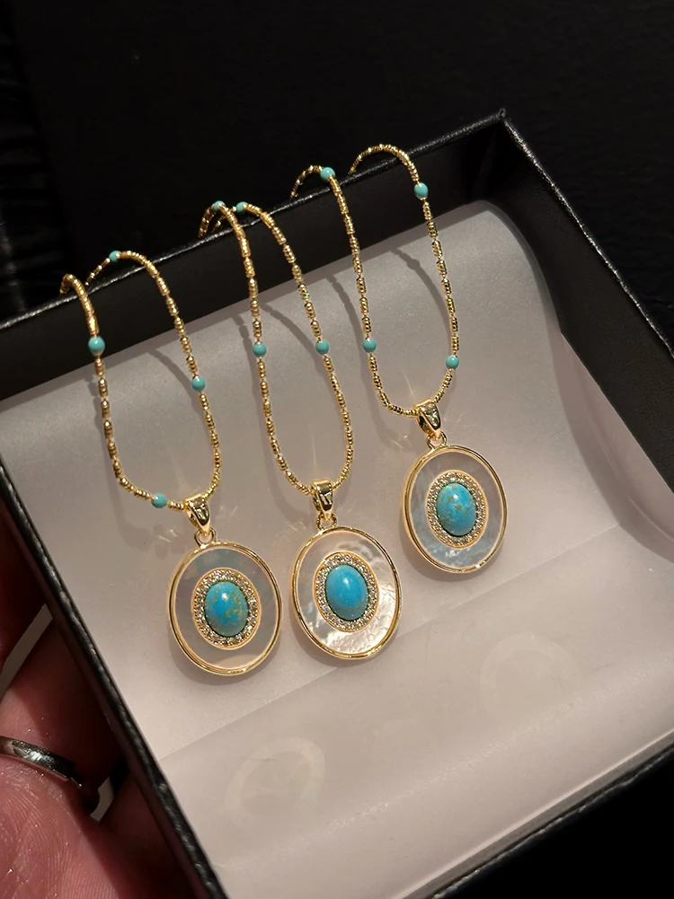Natürliche Türkis Oval Shell Anhänger Gold Farbe Kette Halskette Sexy Schlüsselbein Kette Trendy Schmuck Zubehör Für Frauen 2023 – Detail 14