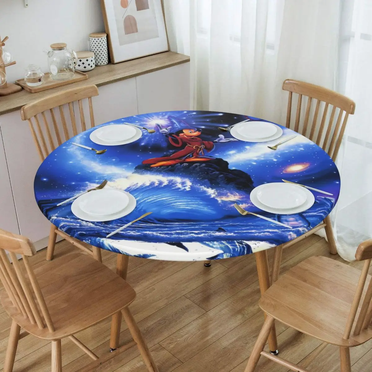 Custom Round Disney Fantasia Movies Mickey Mouse Anime Music Tablecloth Fit 45