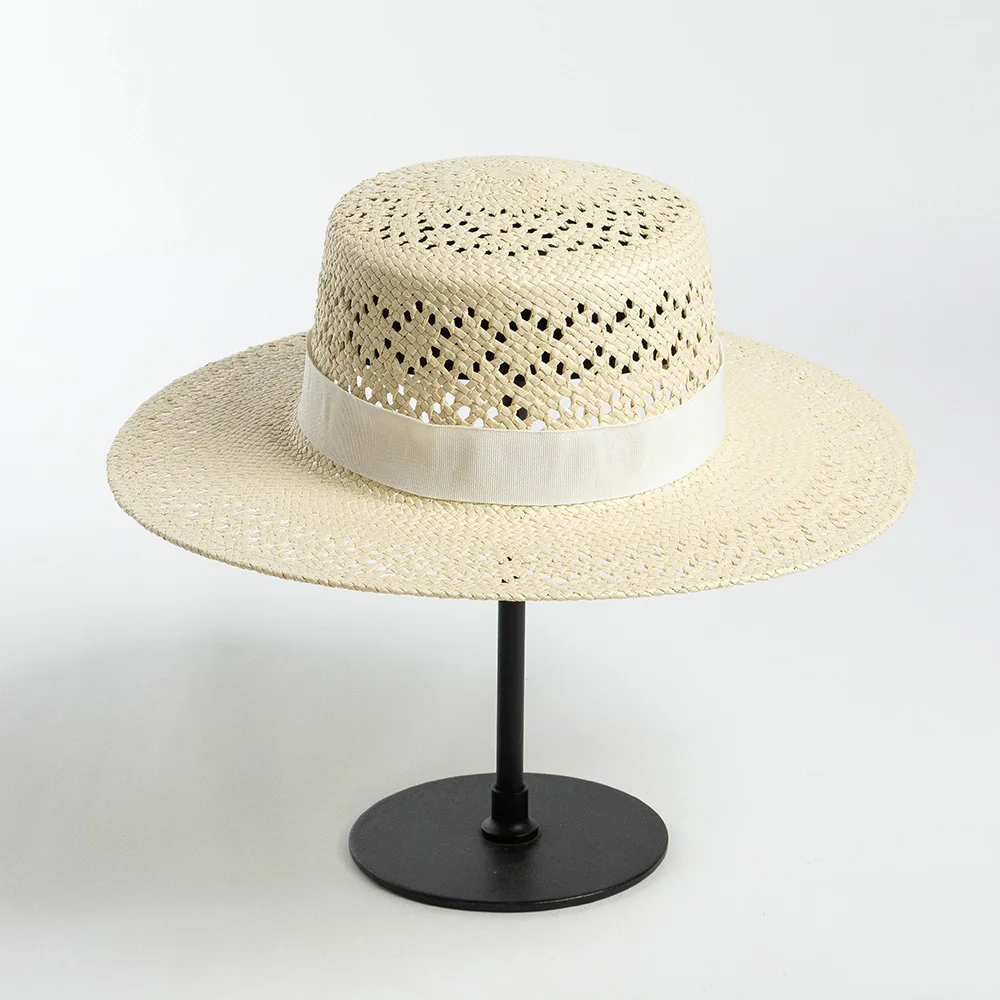 

100% Paper boater straw hat hand weaved hollow style wide brim boater hat with ribbon