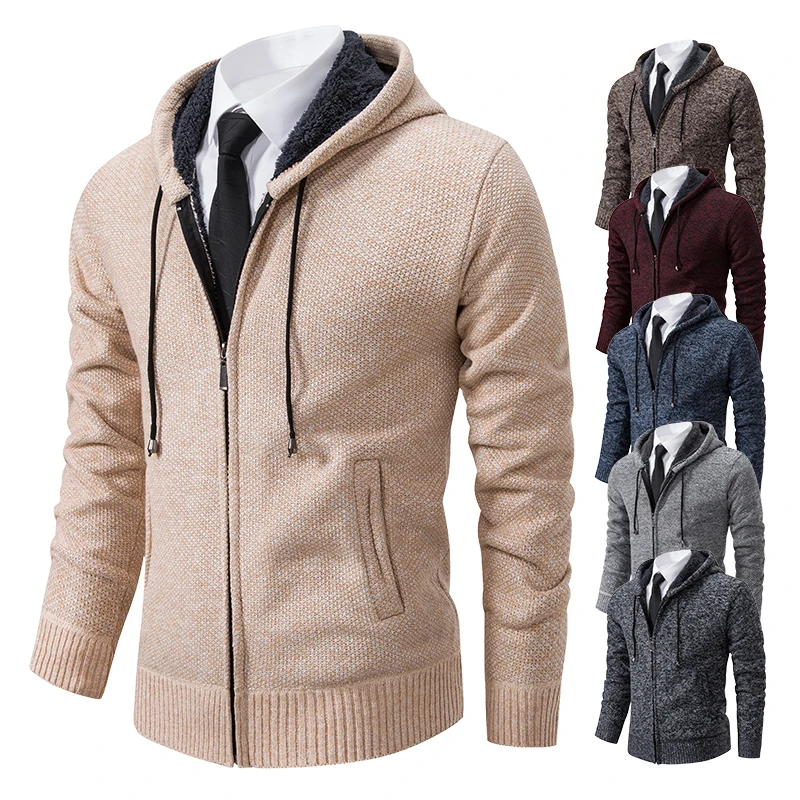 Men's Fashion Solid Color Hooded Pullover Sweater Cardigan Autumn Winter Fleece Thick Warm Coat Casual Sports Sweater