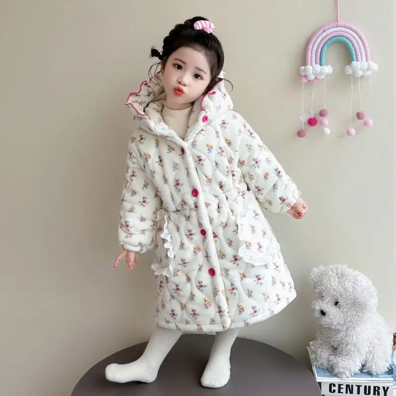 

Трехслойные хлопковые пижамы для девочек, зимние, в корейском стиле, утепленные, в стиле принцессы, домашняя одежда для малышей и детей