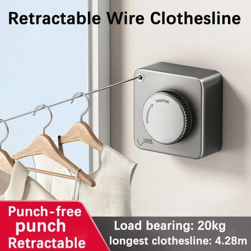 Corde à linge en fil rétractable sans poinçon, support de câble métallique télescopique porteur de 20kg pour le séchage des vêtements, outils domestiques en acier inoxydable