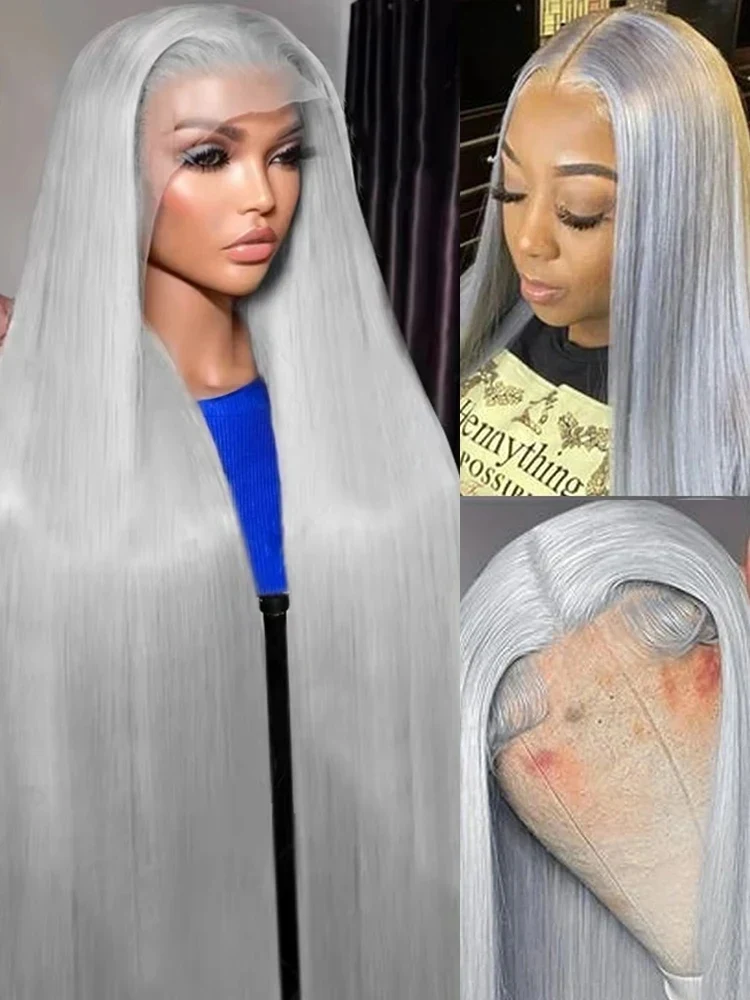 

Серебристо-серые прямые парики из натуральных волос, бразильские, плотность 250%, 13x6, HD, кружевной фронтальный цветной парик, необработанный, предварительно выщипанный, с детской линией волос