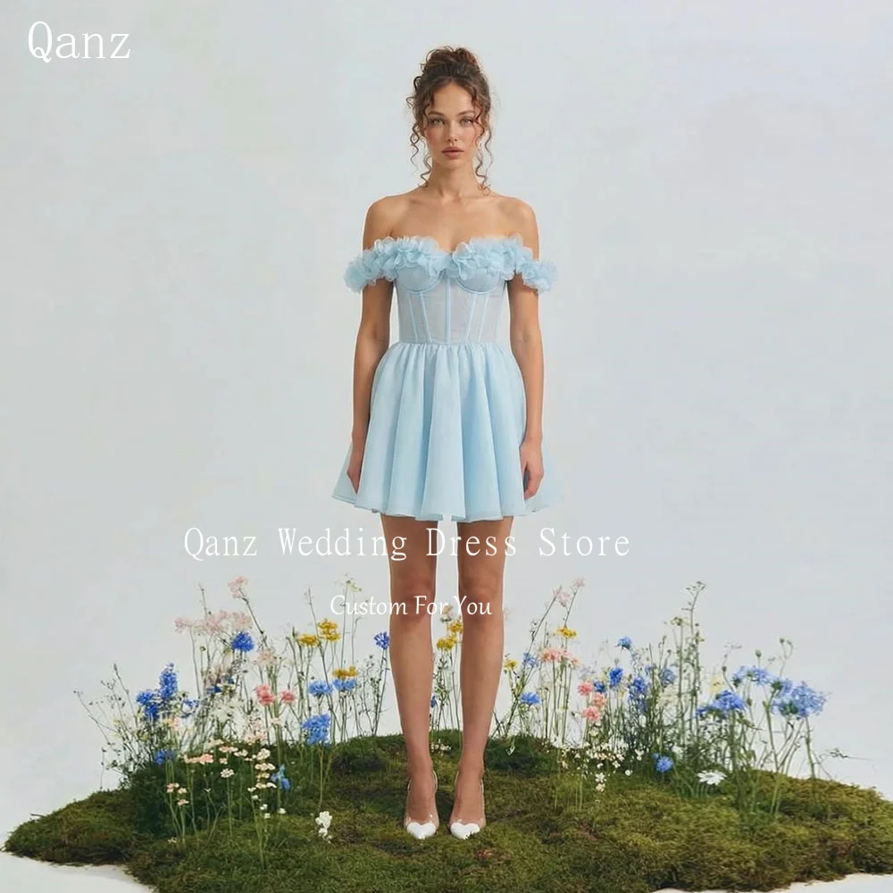 

Qanz Sky Blue Short Prom Dresses Off Shoulder Organza Mini платье женское Birthday Dresses For Woman Customized