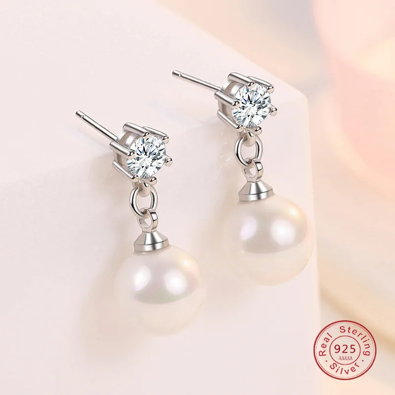 

Simple Female Earrings 925 Sterling SIlver 6 Claws Zircon Round Natural Pearl Earrings for Women Fashion Statement Jewelry Gift