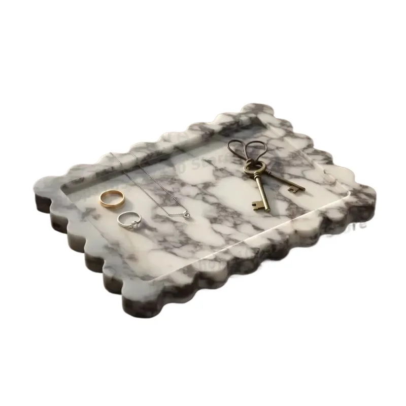 Natural Marble Decorative Tray with Scalloped Edges Luxury Bathroom Vanity Organizer for Home Kitchen Coffee Table Decoration
