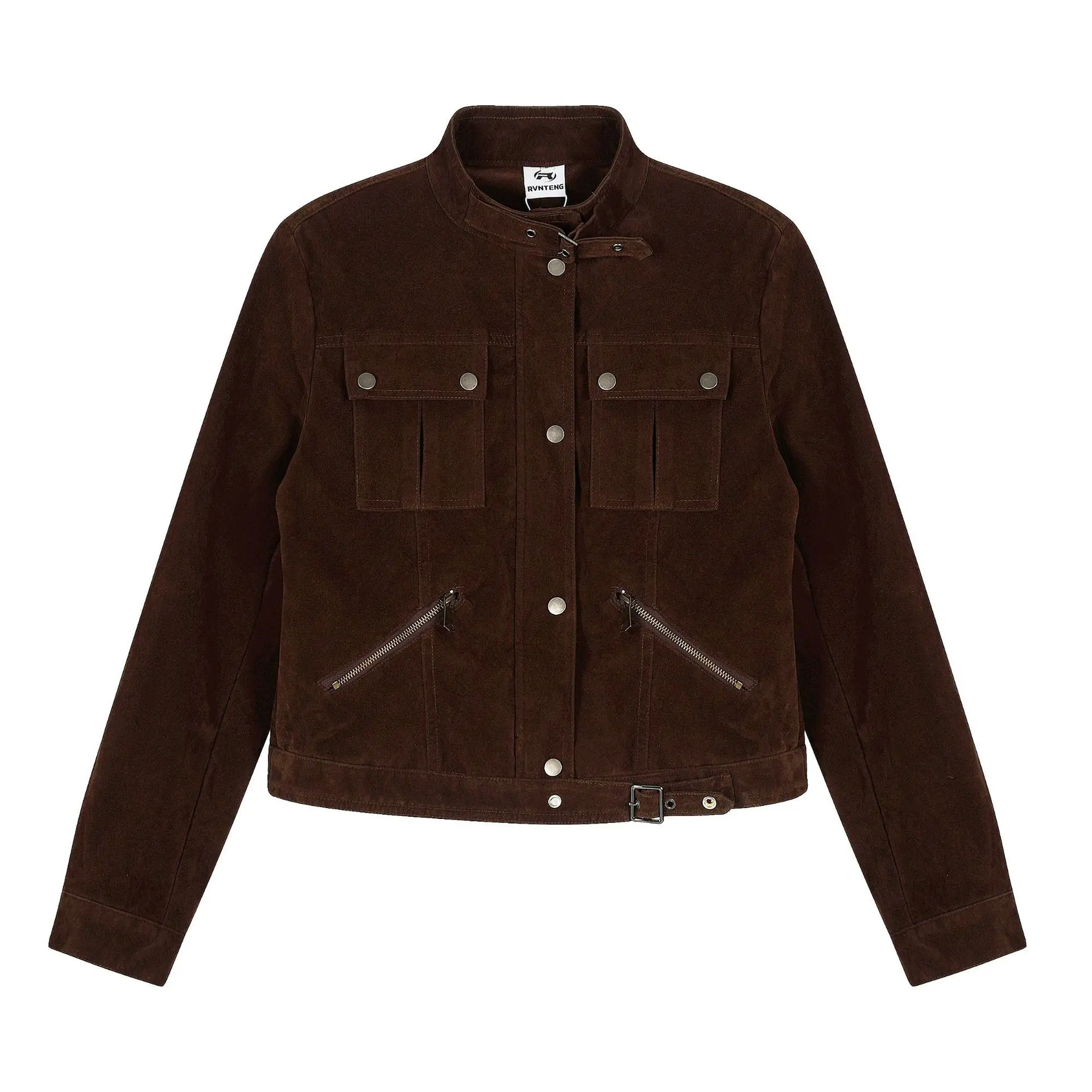 

American-Style Retro Suede Leather Stand-Up Motorcycle Jacket for Women, Loose-Fitting and Slimming, As A Blouse
