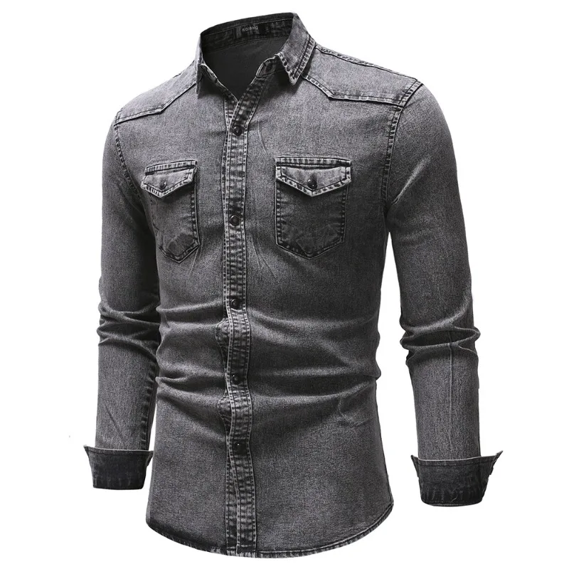 Casual Long Sleeve Shirt New Men's Slim Fit European Vintage European Size Simple Long Sleeve Denim Shirt