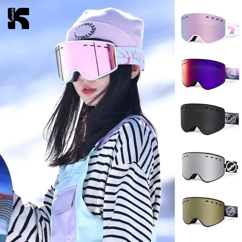 KUFUN Cylindrical Ski Goggles Windproof HD Anti-fog With Case Support Myopia Glasses Winter Sport Snowboard Adult Men Woman Lady