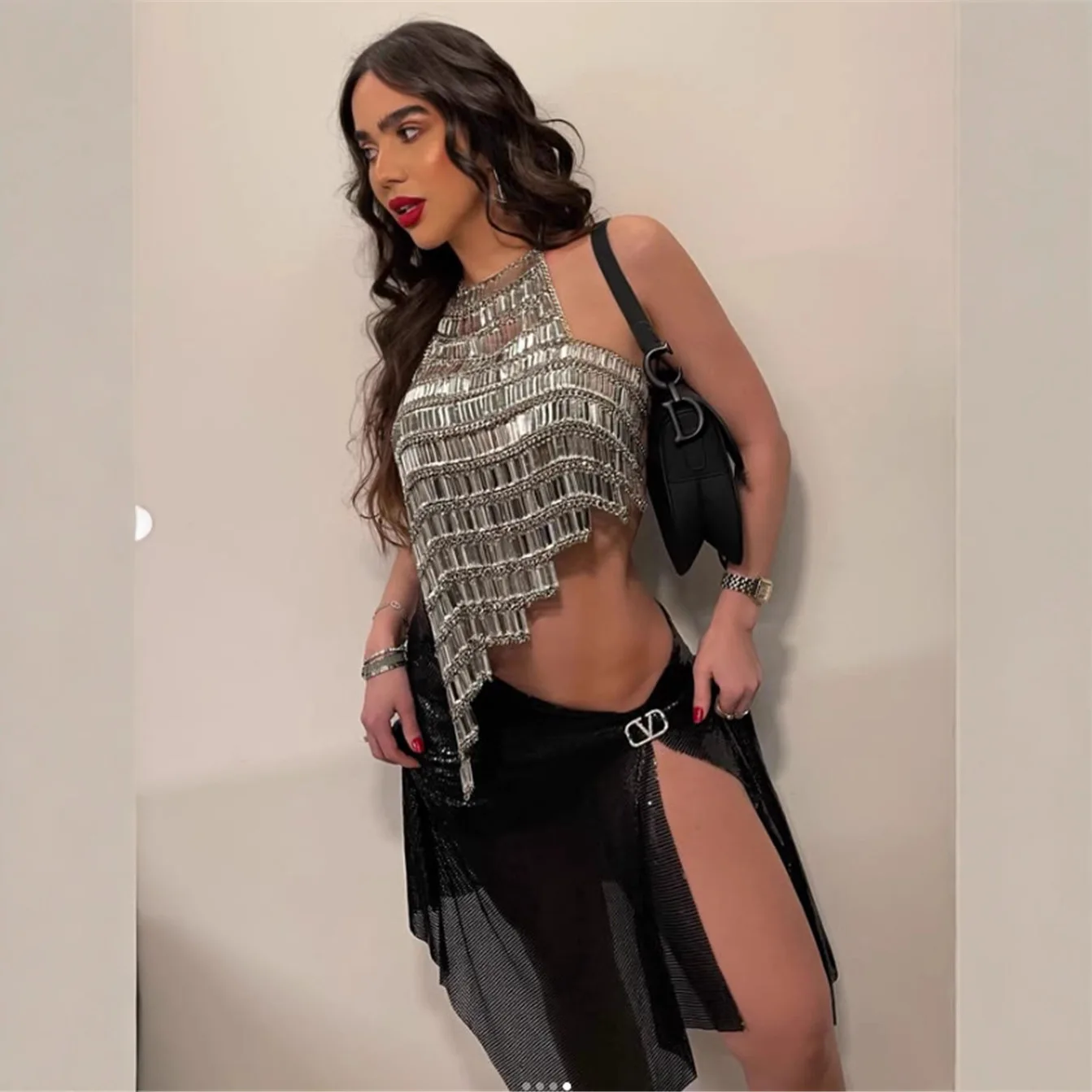 Silver Rhinestone Beaded Bra Chain for Women Bling Metal Halter Chain Acrylic Beading Camis Tops Sexy Dance Show Party Y2k Tops