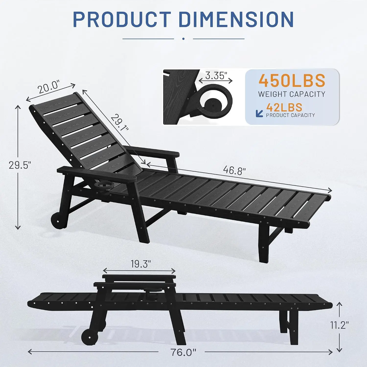 Lounge Chair Outdoor, Patio Lounge Chair with Cup Holder, Black | 5-Position Adjustable Backrest, Imitated Wood, Customized