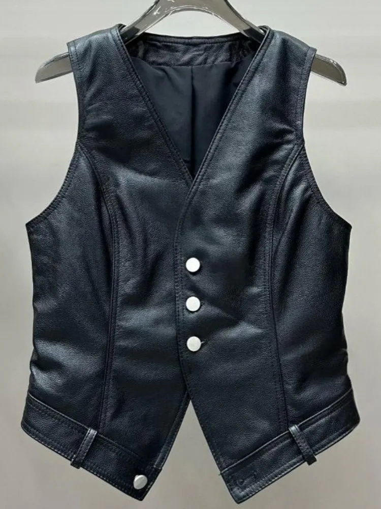 Leisure Style Genuine Leather V Neck Single-Breasted Handmade Vest Straight Sheepskin Sleeveless Solid Color Female Outerwear