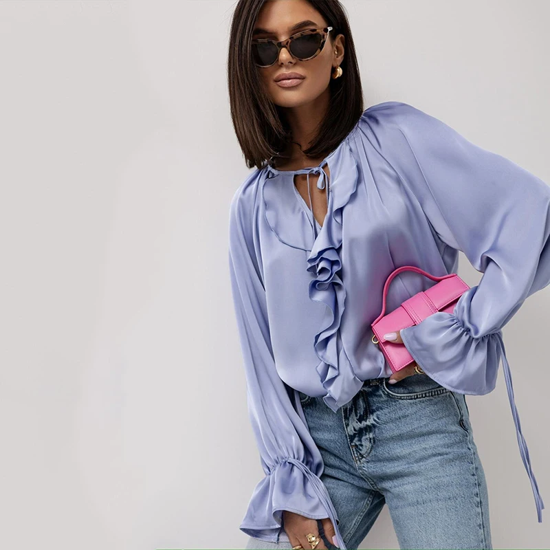 ฤดูใบไม้ผลิฤดูร้อนแฟชั่นเสื้อหลวมสําหรับผู้หญิงสบายๆสีทึบ O คอ Lace Up Flared แขน Splicing Ruffle เสื้อ