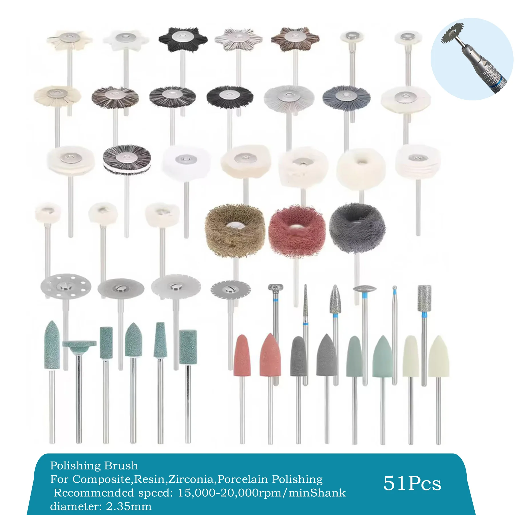 

Dental Polishing Kit Laboratory HP Polisher Set 2.35mm Shank Diameter Burs Brush Grinding Clinic Lab Dentistry Tools