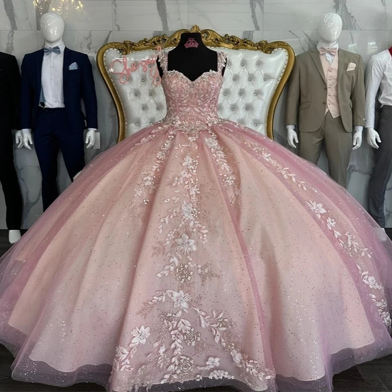 Pink Shiny Quinceanera Dress 2024 Off Shoulder Princess Prom Ball Gown Sweet 16 XV Years Old Miss Birthday Pageant Mexican Dress