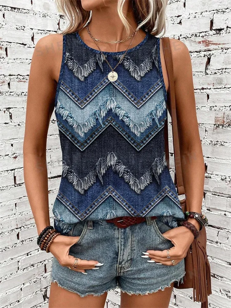 Denim Printed Women's Tank Top Polyester Summer Everyday Casual Women's Elegant Crew Neck Tank Top Street Fashion Sleeveless Top