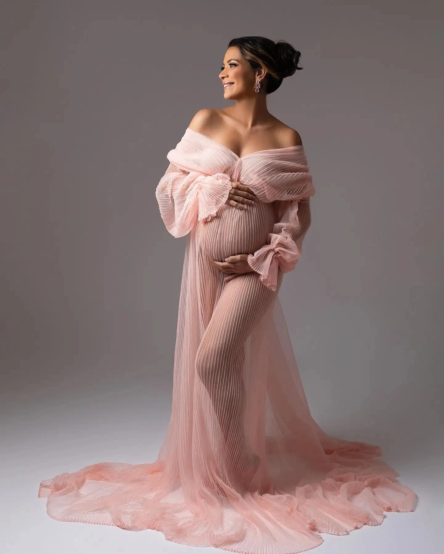 Photography Dreamlike Trimmed Dresses Women Wear Long Sleeves Pregnant Dress Handmade Off Shoulder Pink Prom Gowns Pleated