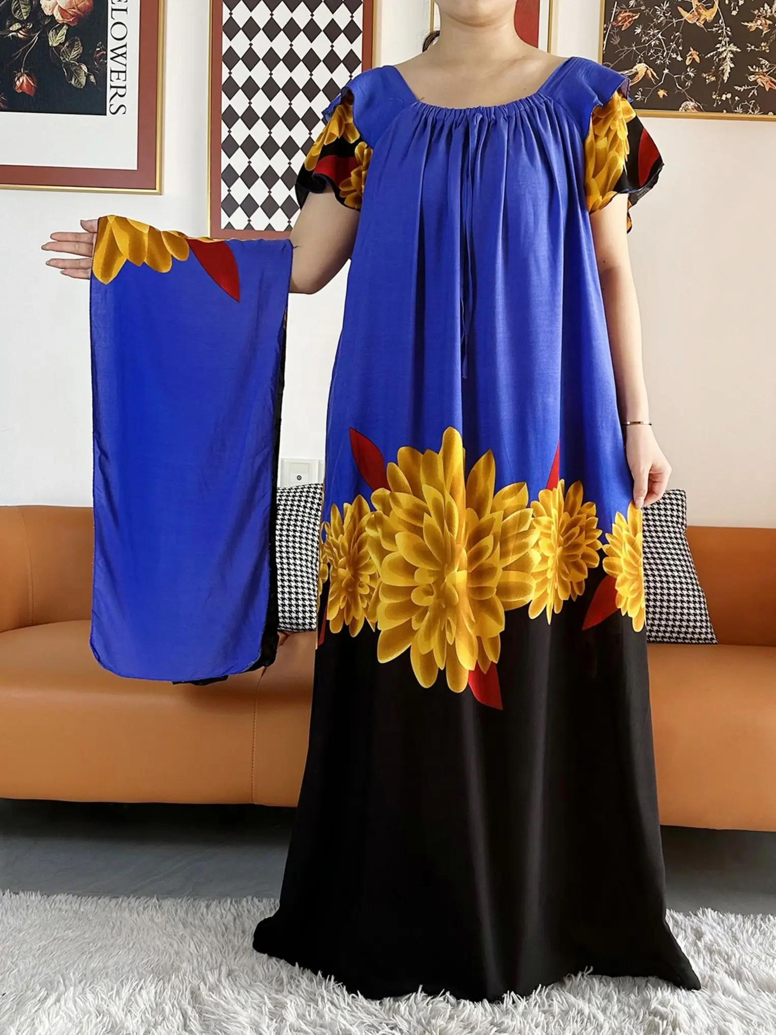 2023 Summer African Lady Summer Short Sleeve Dresses Boat-Neck Loose Floral Boubou Maxi Islam Women Dress African Abaya Clothes