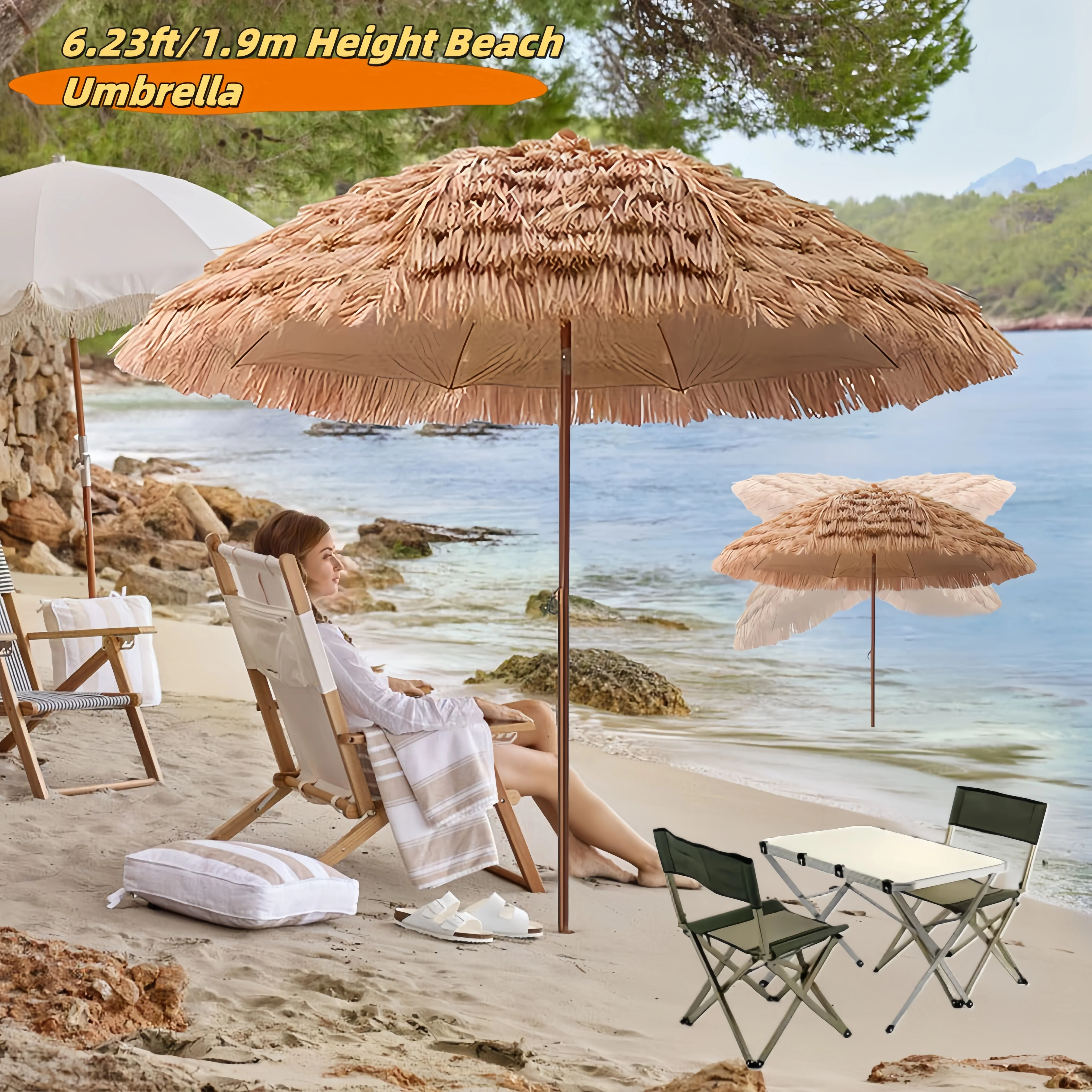63inch Thatched Garden Umbrella with Tripod Base Beach Umbrella Outdoor Tiki Patio Umbrella